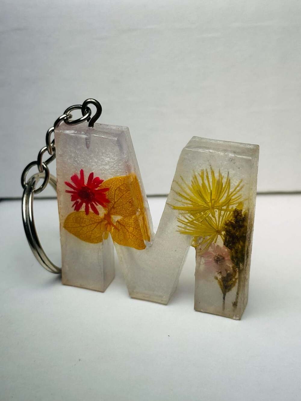 Handmade Resin Letter M Initial Keychain with Dried Flowers